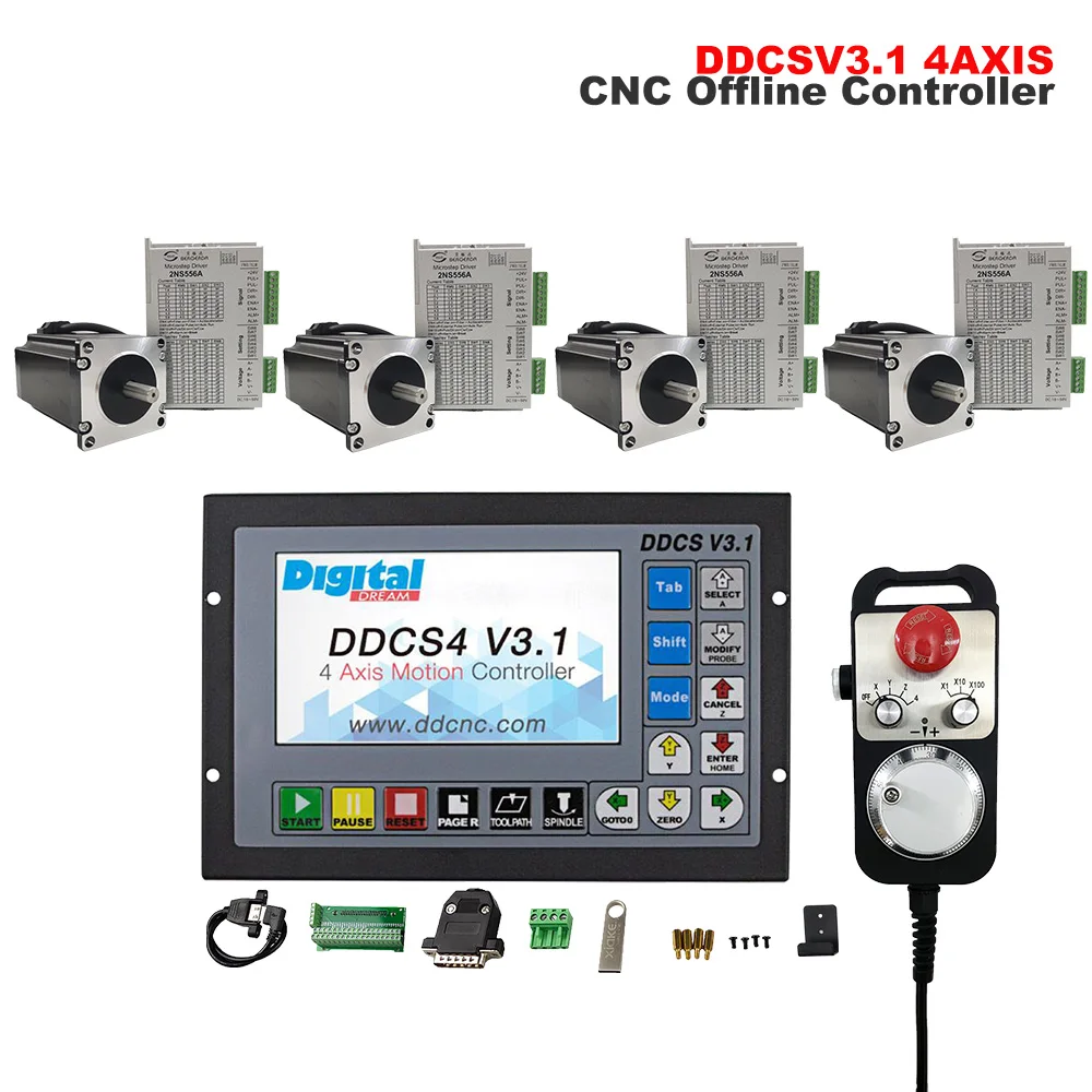 CNC machining 3/4axis Kit  Offline Controller 500KHz G-Code DDCSV3.1 Stepper Motors Drives 2NS556A 3NM NEMA23 Motors 4 axis MPG