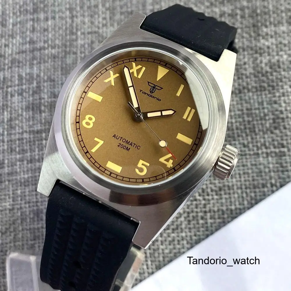 38mm Tandorio Brushed Case Brown Black California Dial Sapphire Glass 200m NH35 PT5000 Luminous Automatic Men Watch Waffle Strap