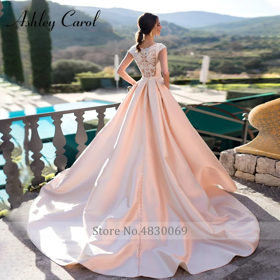 Ashley Carol A-Line Wedding Dress Bridal Simple Satin Scoop Pockets Sleeveless Vestidos De Novia Button High Qualit Wedding Gown