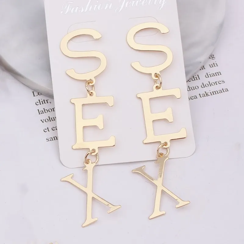 New English Alphabet SEX Long Drop Earring for Women Paint Gold Color Metal Letter Statement Party Wedding Jewelry Accessories