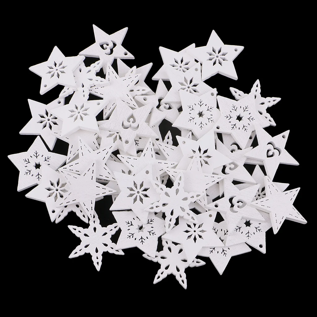 50pcs White Stars Wood Scrapbooking Crafts DIY Xmas Tree Hanging Decorations