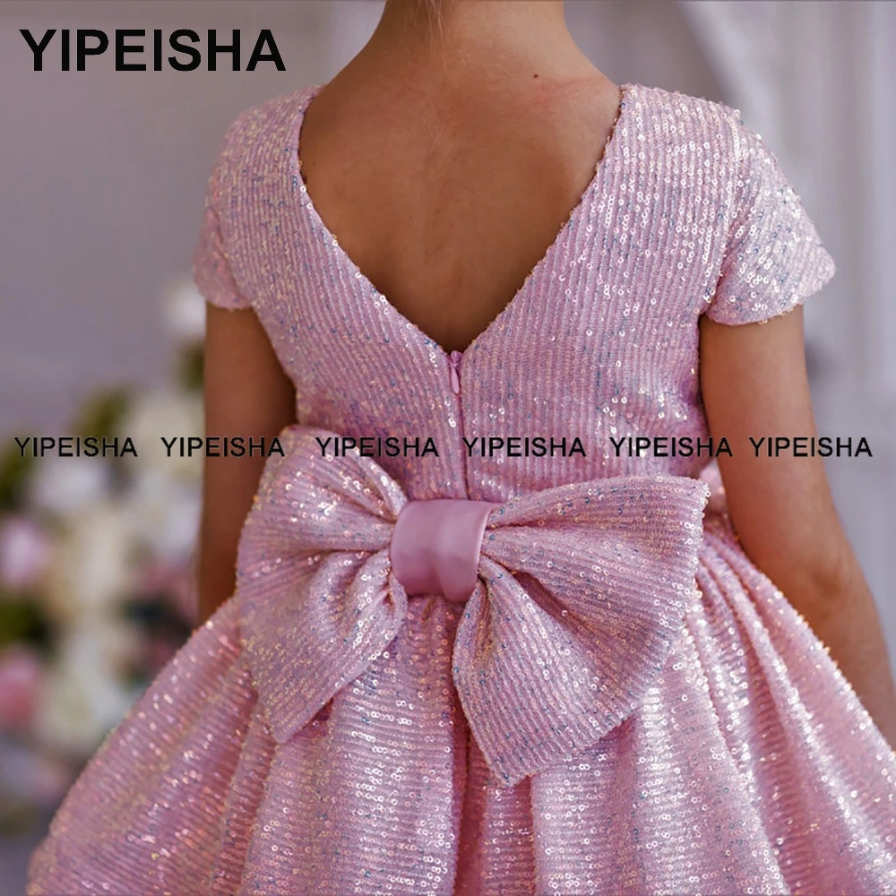 Yipeisha 2021 Rosa Blumen Mädchen Kleider Bogen Ballkleid Kinder Hochzeit Gast Kleid Pailletten Geburtstag Party Kleider vestidos de comunió