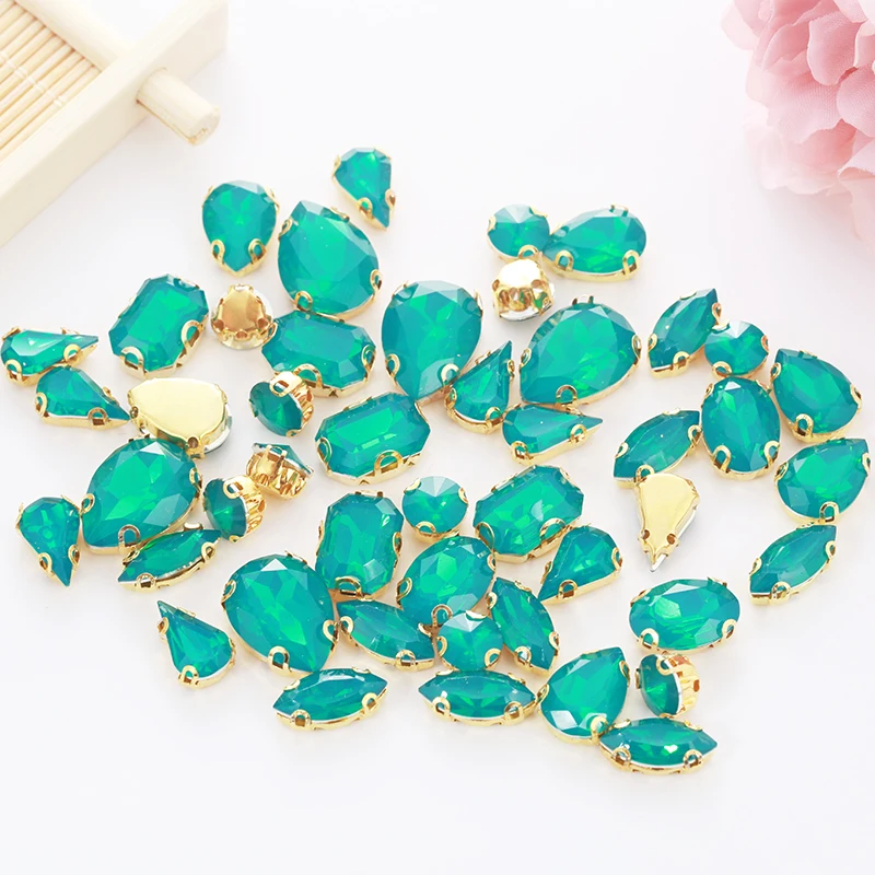 Mixed Shape 50pcs Malachite Green Opal Rhinestones With Gold Bottom Claw Flatback Sewing Stones For DIY Clothing Accessories