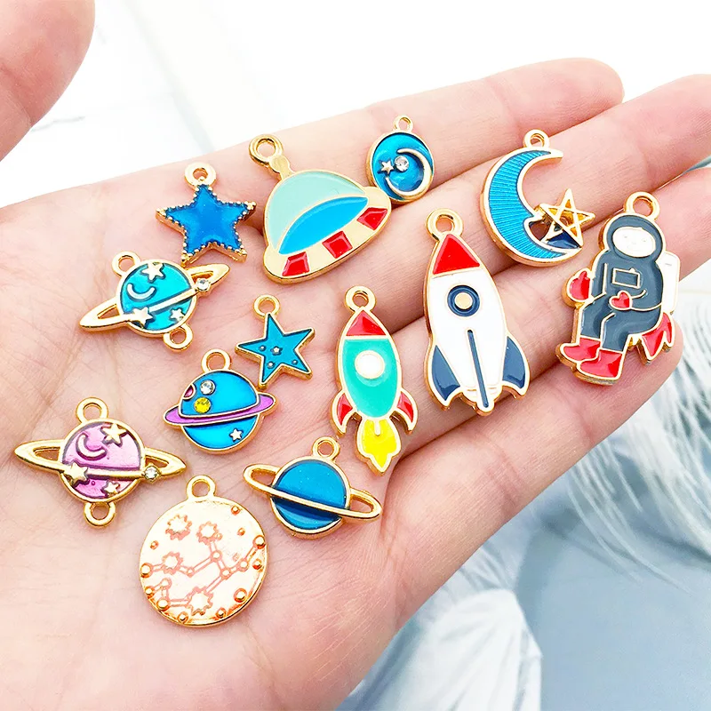 Mix 20pcs/pack Space Universe Earth moon star Enamel Charms Gold Color Pendants DIY Jewelry Making Handmade Craft