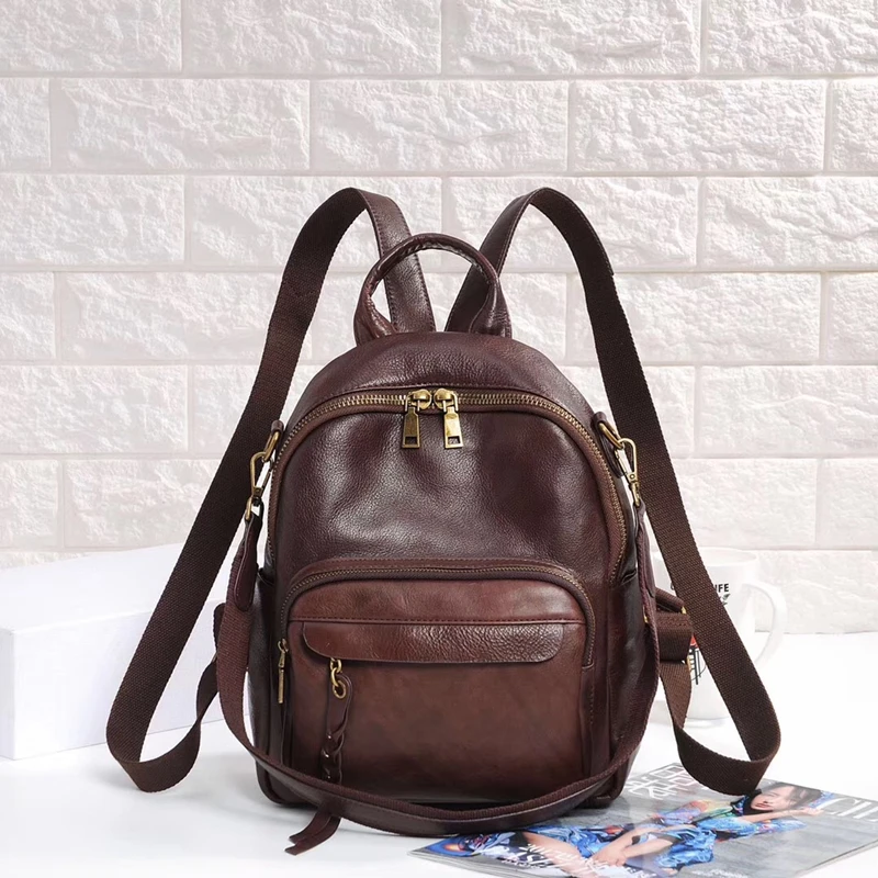 

Nesitu Highend Vintage Coffee Yellow Orange Black Vegetable tanned Genuine Leather Women's Backpack Cowhide Girl Female M9898