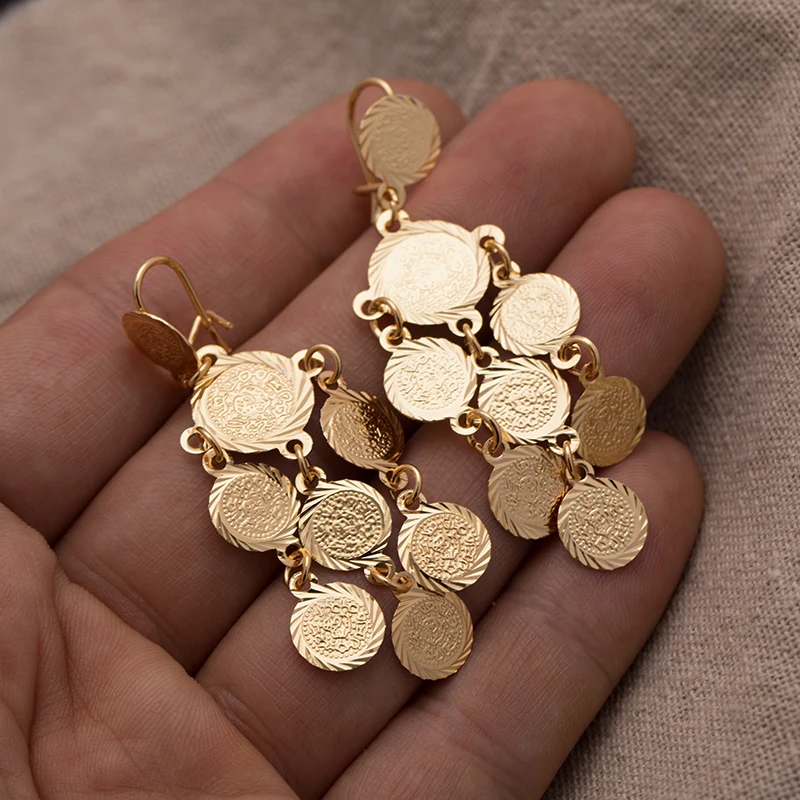 Wando Dubai Golod Color Coin Earrings for Women/School Girls Gold Color Jewelry Earring Arab Coins Middle East for Girls