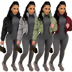 Fall Zip Up Turtleneck Cropped Puffer Jacket Solid Color Wholesale Winter Clothes Women Bubble Coat Outwear