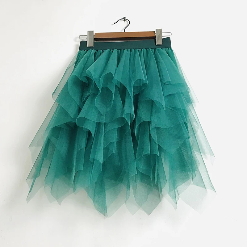 Tulle Skirts Women New Korean Fashion High Waist Mesh Skirt Asymmetrical Pleated Midi Skirt Female Mid-calf Skirts Womens 2021