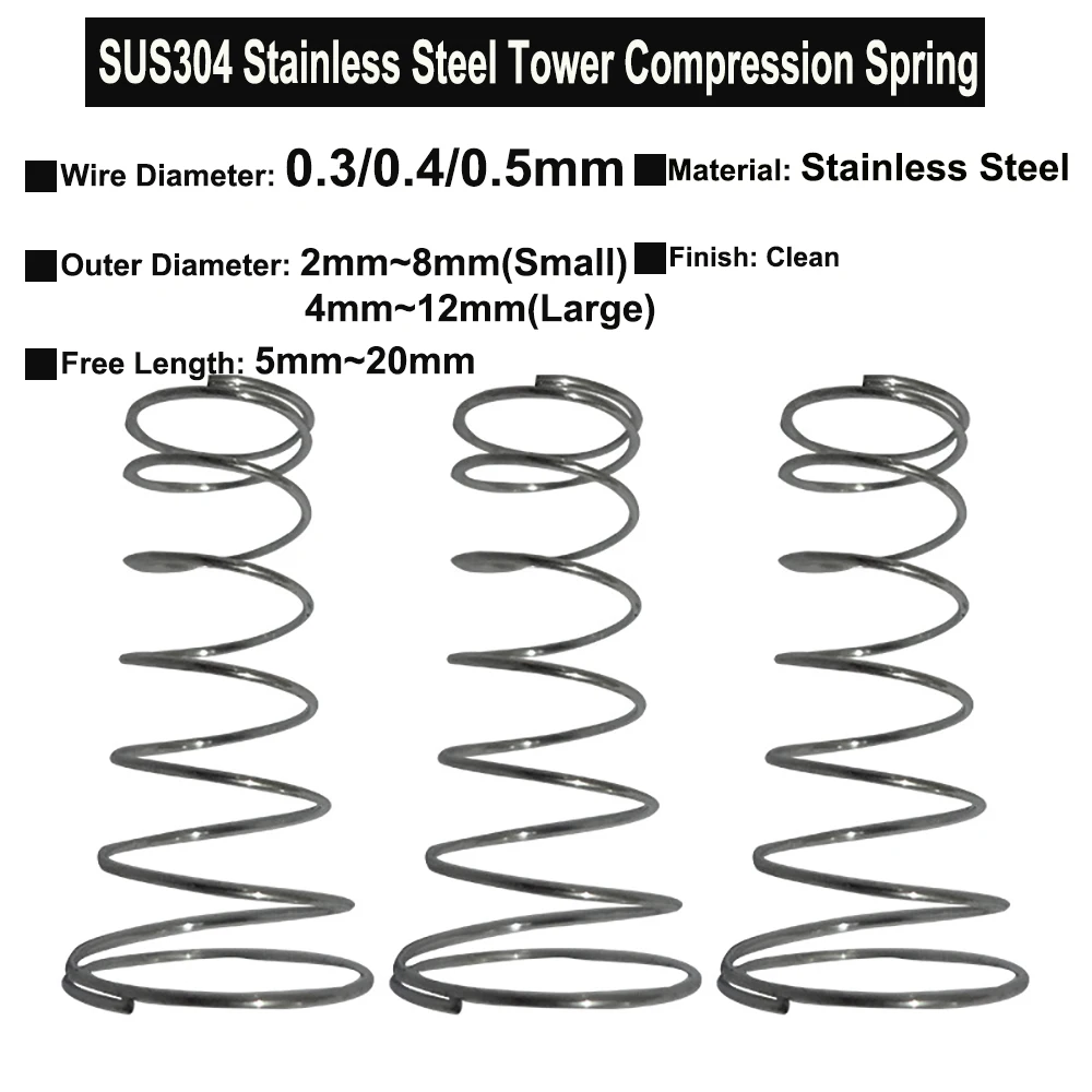 

10Pcs SUS304 Stainless Steel Tower Springs Conical Compression Springs Wire Diameter 0.3mm 0.4mm 0.5mm Battery Springs