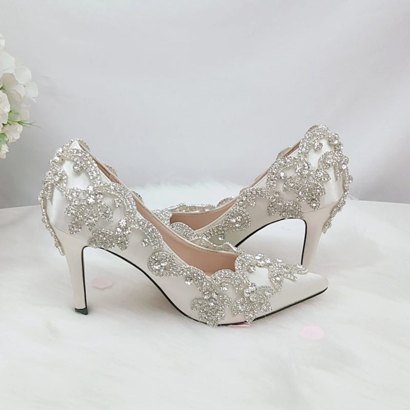 BaoYaFang Ivory Crystal Wedding shoes women high heels Pointed Toe Bridal party dress shoes woman 9cm Thin High Pumps Female