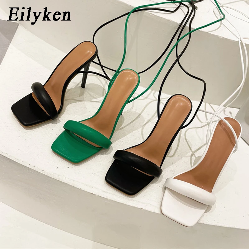 Eilyken Ankle Strap Green Women\'s High Heels Sandals Square Toe Female Party Shoes Sandalias De Mujer