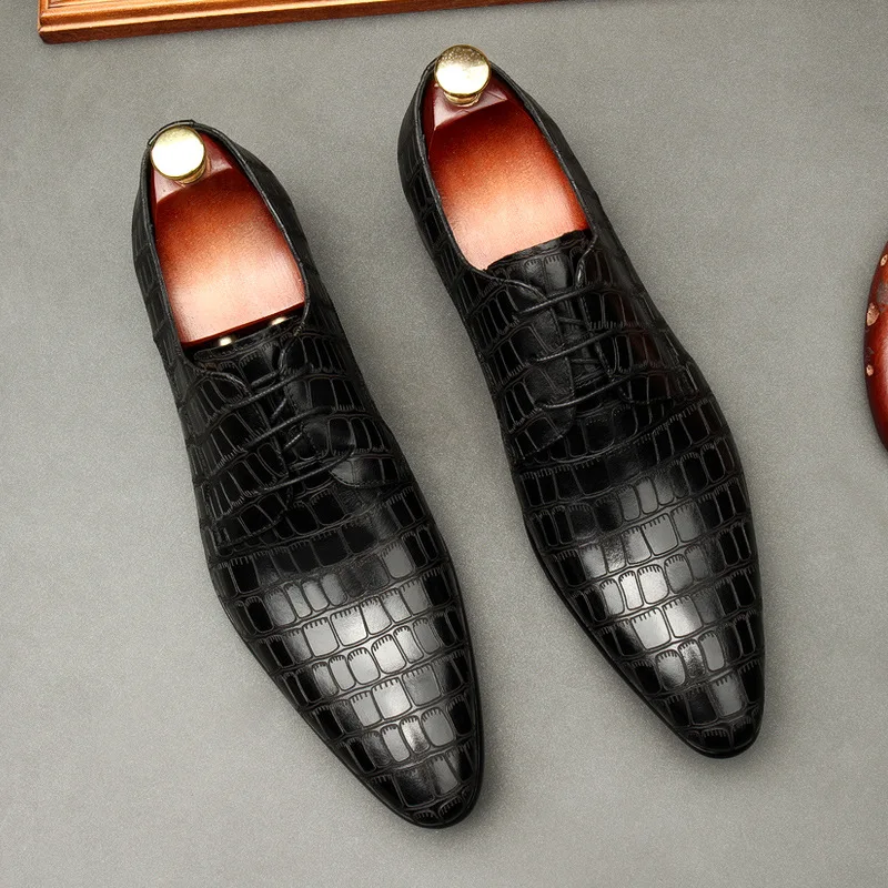 

Quality Embossed Cow Leather Dress Men Shoes Black Pointed Toe Lace-Up Formal Suit Wedding Shoes Mens Business Office Work Shoes