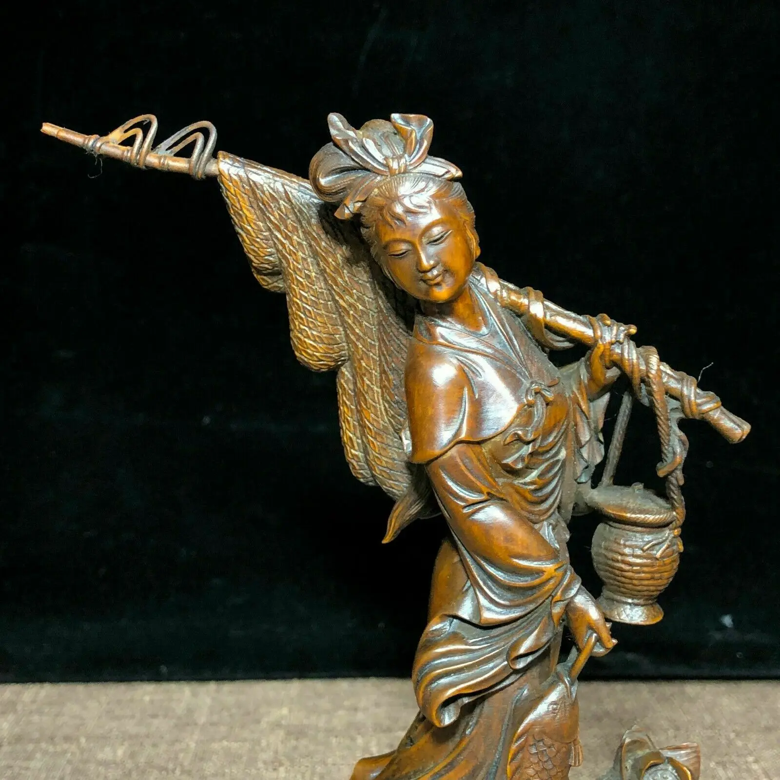 Chinese Collectible Old Boxwood Carved Lotus Fisher Maiden Ornament Statue Antique Style Woodworking Artwork Home Decor