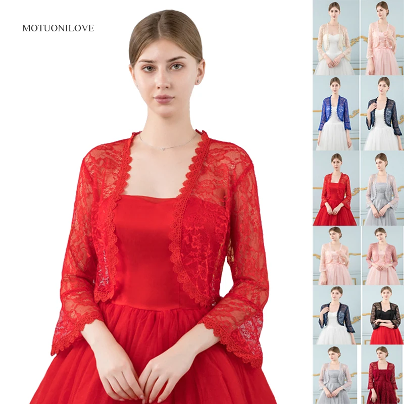 Envolturas de encaje Floral rojo para mujer, Bolero de encaje blanco de manga larga 3/4, chal de encogimiento de hombros para mujer, capas nupciales de boda rosa, chaquetas de fiesta de noche