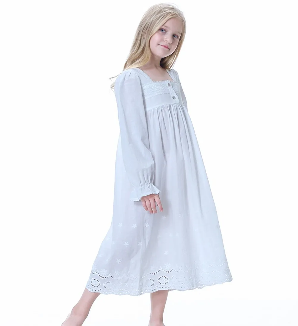 Girls Nightgown Long Sleeve White Pajamas Dress  Palace Princess Nightdress Night Wear for Kids Girl Pijamas Vestidos De Noche