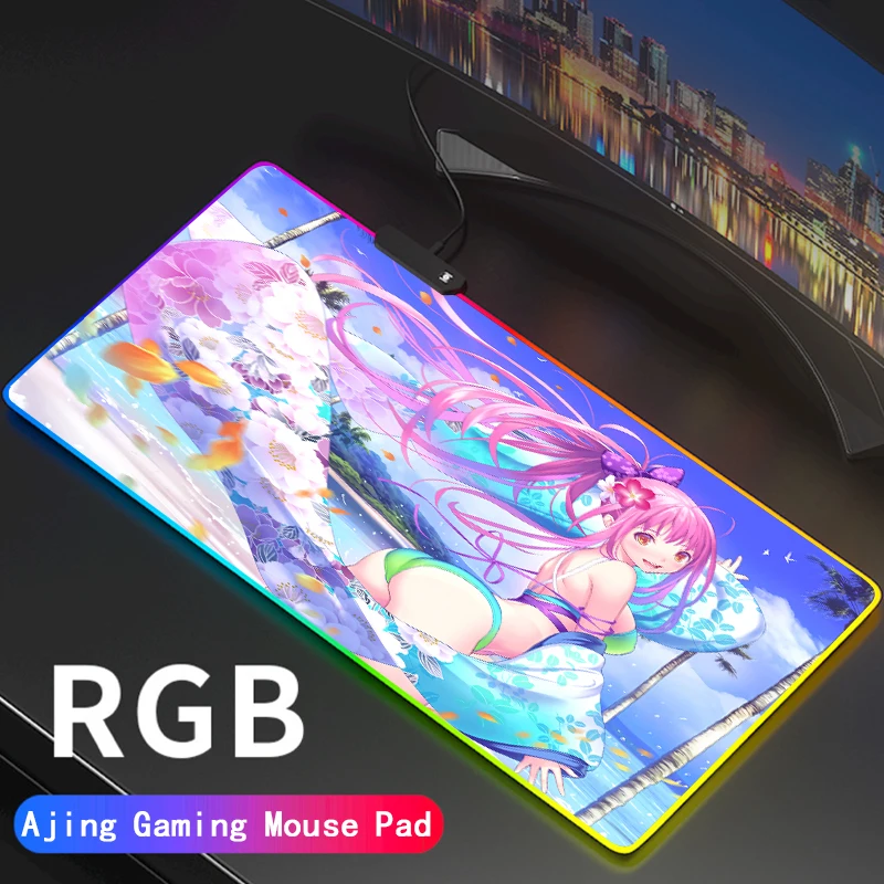 Big Breast Girl Anime Sexy Beach RGB Colorful Gaming Large Mouse Pad Gamer Led Mice Desk Mat with Backlit