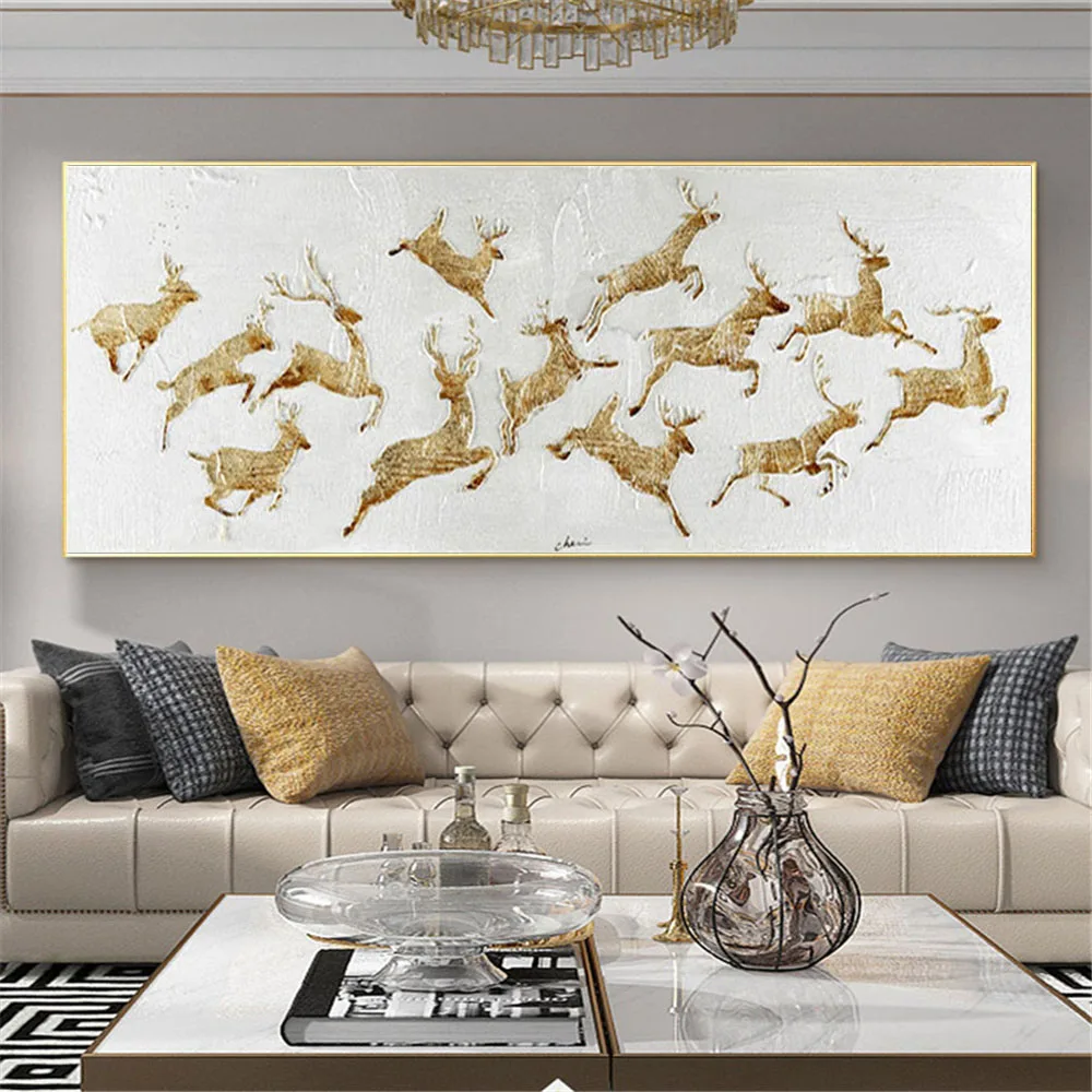 Modern Home Decoration Painting Hand-Painted Oil Paintings Animal Abstract Reindeer Golden Wall Art Living Room Office Mural Art
