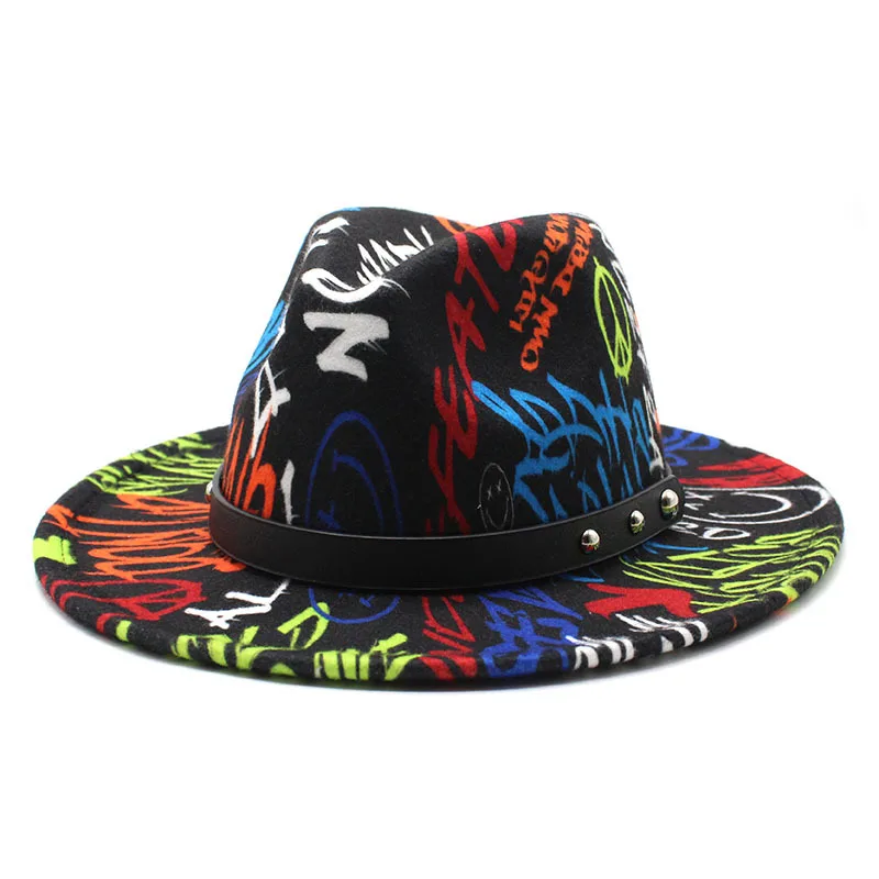 Tie-dye hat fedora hat clown pattern flat brim jazz big brim hip hop fashion stage brim graffiti 3D jazz hat кепка мужская