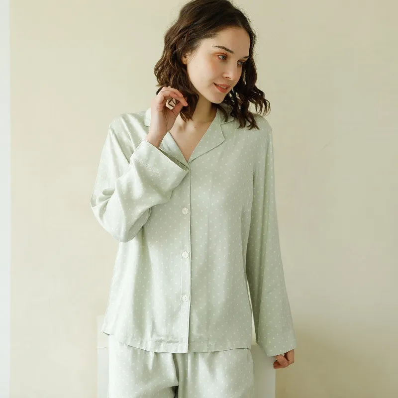 Soft Viscose Women\'s Long Sleeve Turn-down Collar Pajama Sets Long Pants White Dot Light Green Loose Sleepwear Spring Autumn