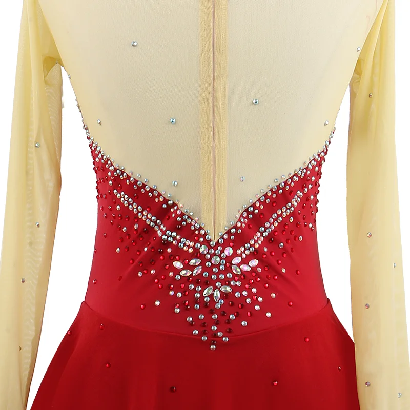 Zagitova Red Figure Skating Dress For Women Girls Ice Skating Clothes Long Sleeve Sling Breast Wrap With Shiny Diamond