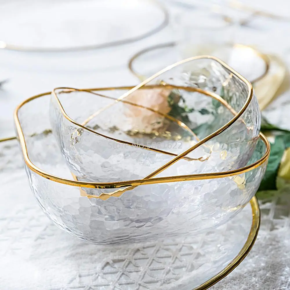 Nordic Golden Border Salad Bowl Transparent Glass Fruit Plate Dessert Round Square Bowl Tableware