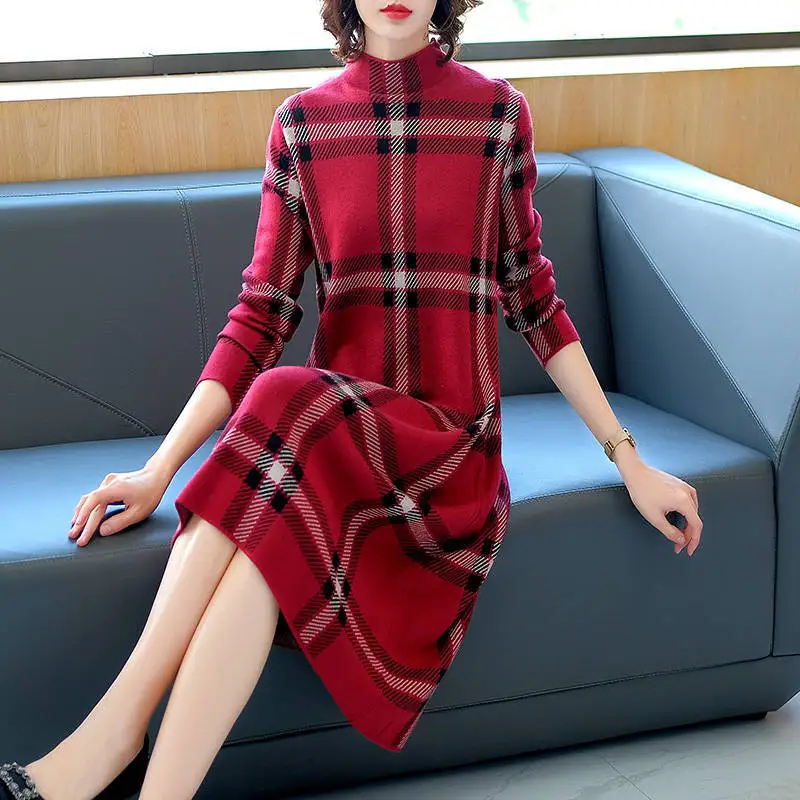 Red Plaid Stand Collar Dress Women's Autumn and Winter Women's Mid-Length over the Knee Woman Dress Vestido De Mujer Femme Robe