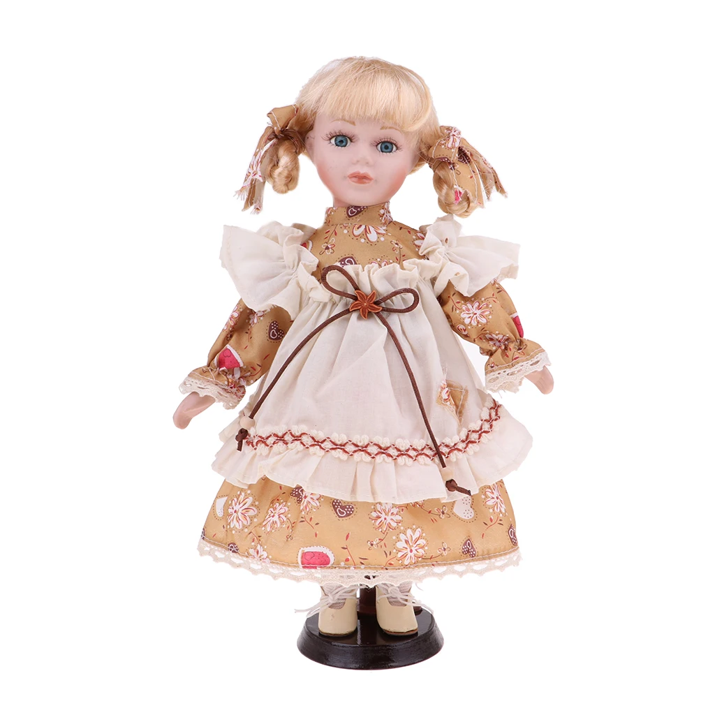 

30cm Porcelain Doll Victorian Girl Standing Figures with Wooden Stand Kids Adult Collections