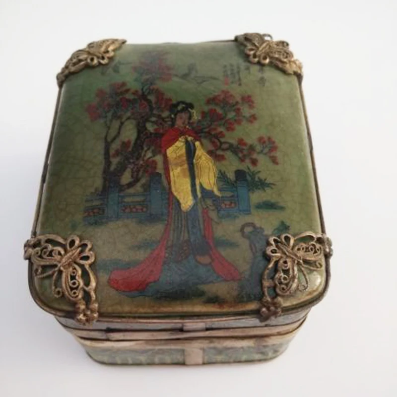 Elaborate Ancient Chinese old porcelain inlaid with silver edge hand-painted multicolor jewelry box