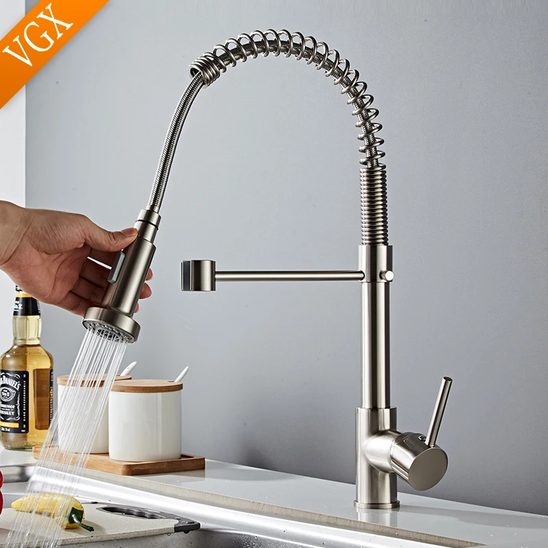 VGX Kitchen Faucet with Pull Down Sprayer Single Handle Mixer for Basin 360° Rotating Spring Style Taps Brass Chrome Gold Black