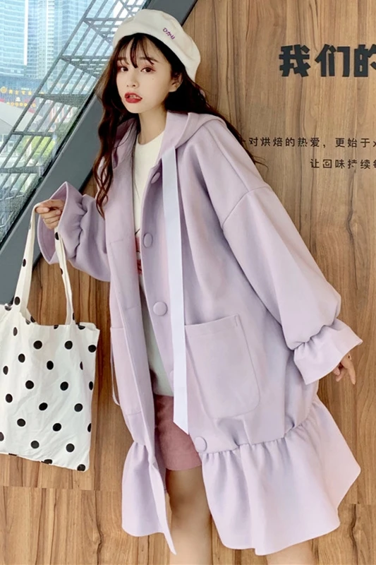 Sweet Woolen coat 2020 autumn and winter new popular Korean loose mid-length hooded ruffled woolen coat women