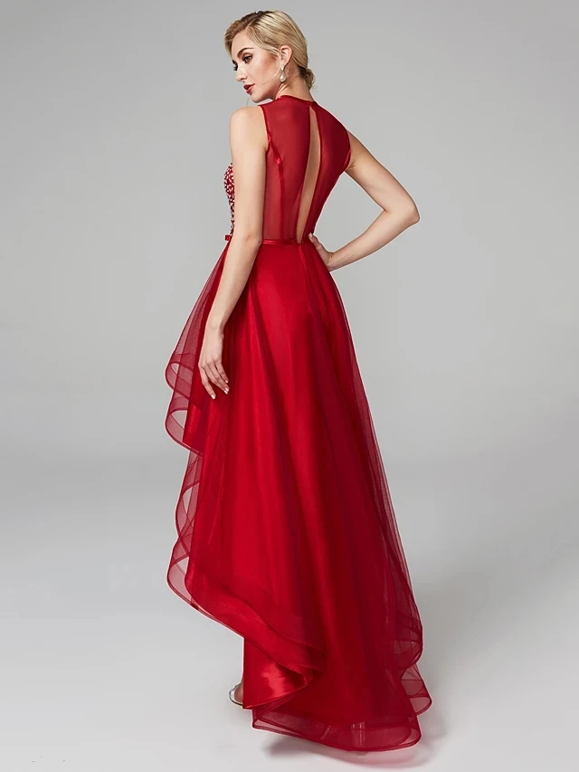 Robe De Cocktail asymétrique, rouge brillant scintillant, haut et bas, trou De serrure, col sans manches, wel, perles, 2021