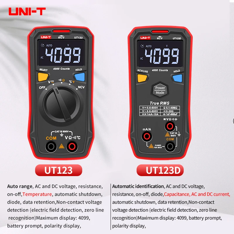 UNI-T UT123 Mini Digital-Multimeter;AC DC Spannung meter; Widerstand (Ohm) Temperatue tester;NCV/Kontinuität Test/EBTN Farbe Bildschirm