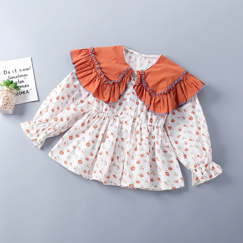 3-10 Years High Quality Cotton Spring Girl Clothing 2022 New Fashion Orange Floral Kid Children Clothing Blouses