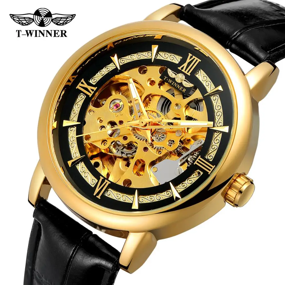 T-WINNER fashion casual men\'s watch luxury black and gold hollow dial gold case black leather strap automatic mechanical watch