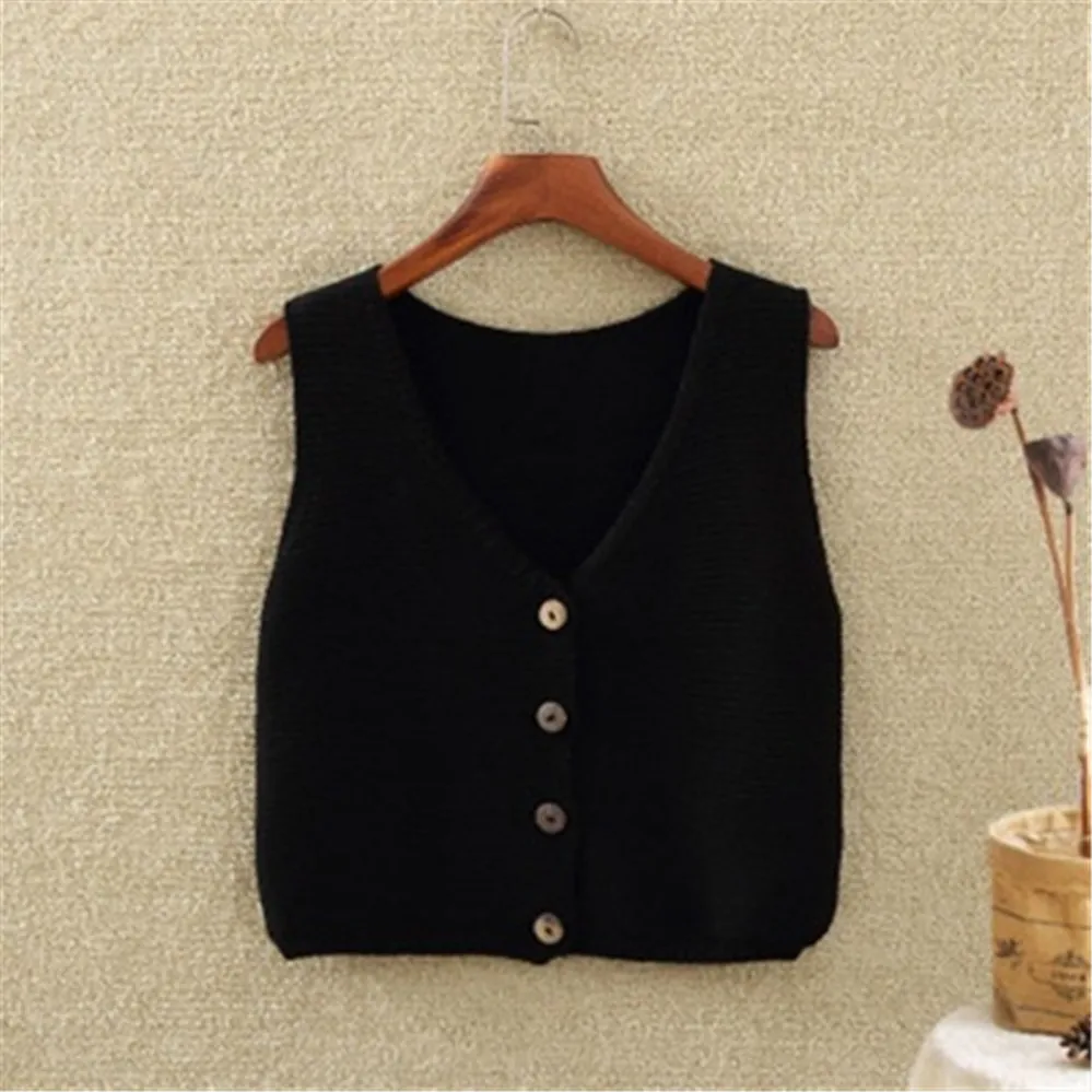 2023 Retro Streetwear Top Clothing Womens Sweater Vest Women Single Breasted Button Sleeveless V-neck Knitting Korea Solid Short