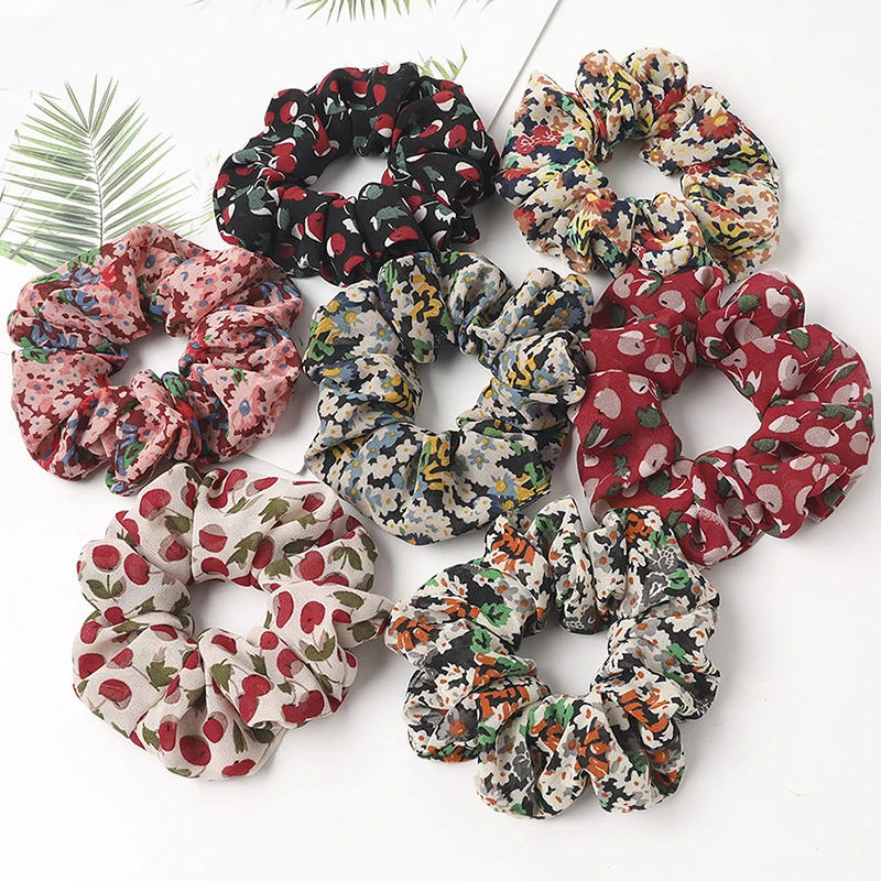 Vrouwen Bloemen Chiffon Scrunchies Cherry Haar Banden Voor Meisjes Leuke Zoete Elastische Haarbanden Paardenstaart Haar Accessoires Hoofddeksels