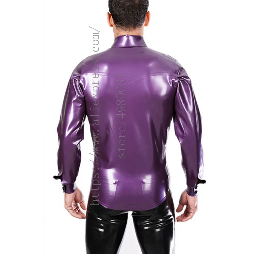 Bling metallic purple formal clothings men's long sleeve latex shirt with front buttons decorations