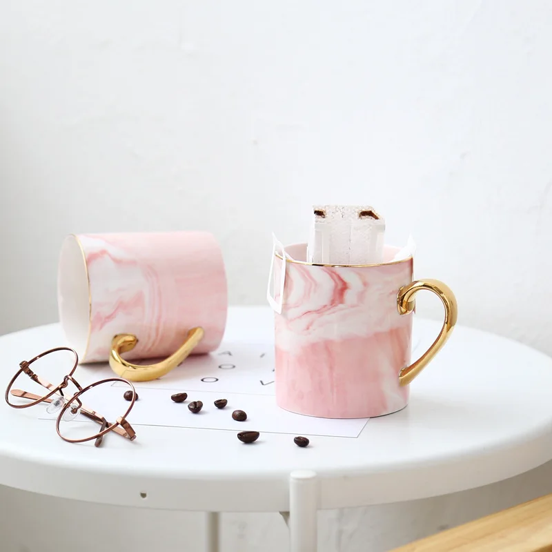 

Gold Handle Ceramic Mug Bone China Cup Grey Pink Colors Travel Coffee Mug Marble Pattern Phnom Penh Tea Milk Cups and Mugs Gifts