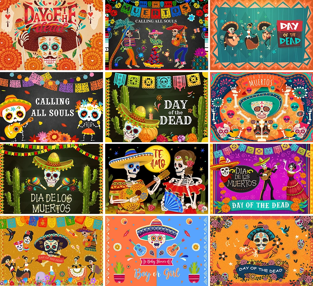 Fondali del giorno dei morti per Fiesta messicana Sugar Skull Photography Background Dia DE Los Muertos Party Flowers Decor Photozone