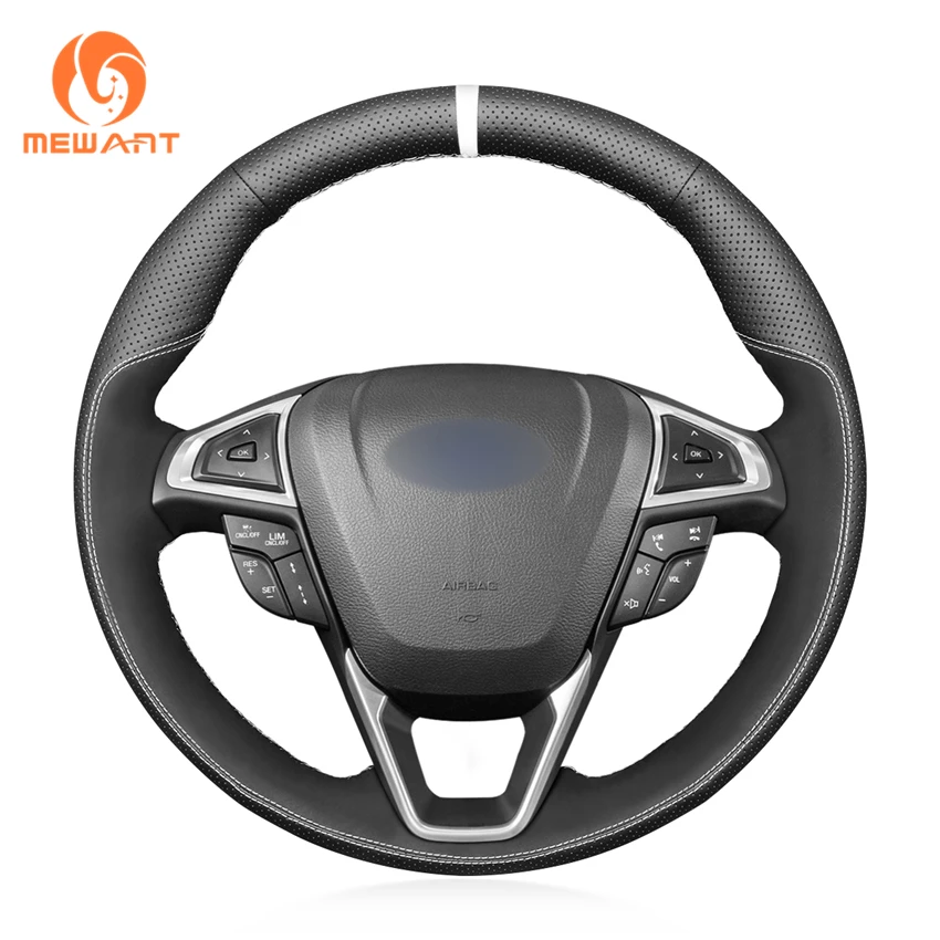 MEWANT Black Genuine Leather Suede Steering Wheel Cover For Ford Mondeo 2014-2020 Edge Galaxy S-Max 2015 2016 2017 2018-2020