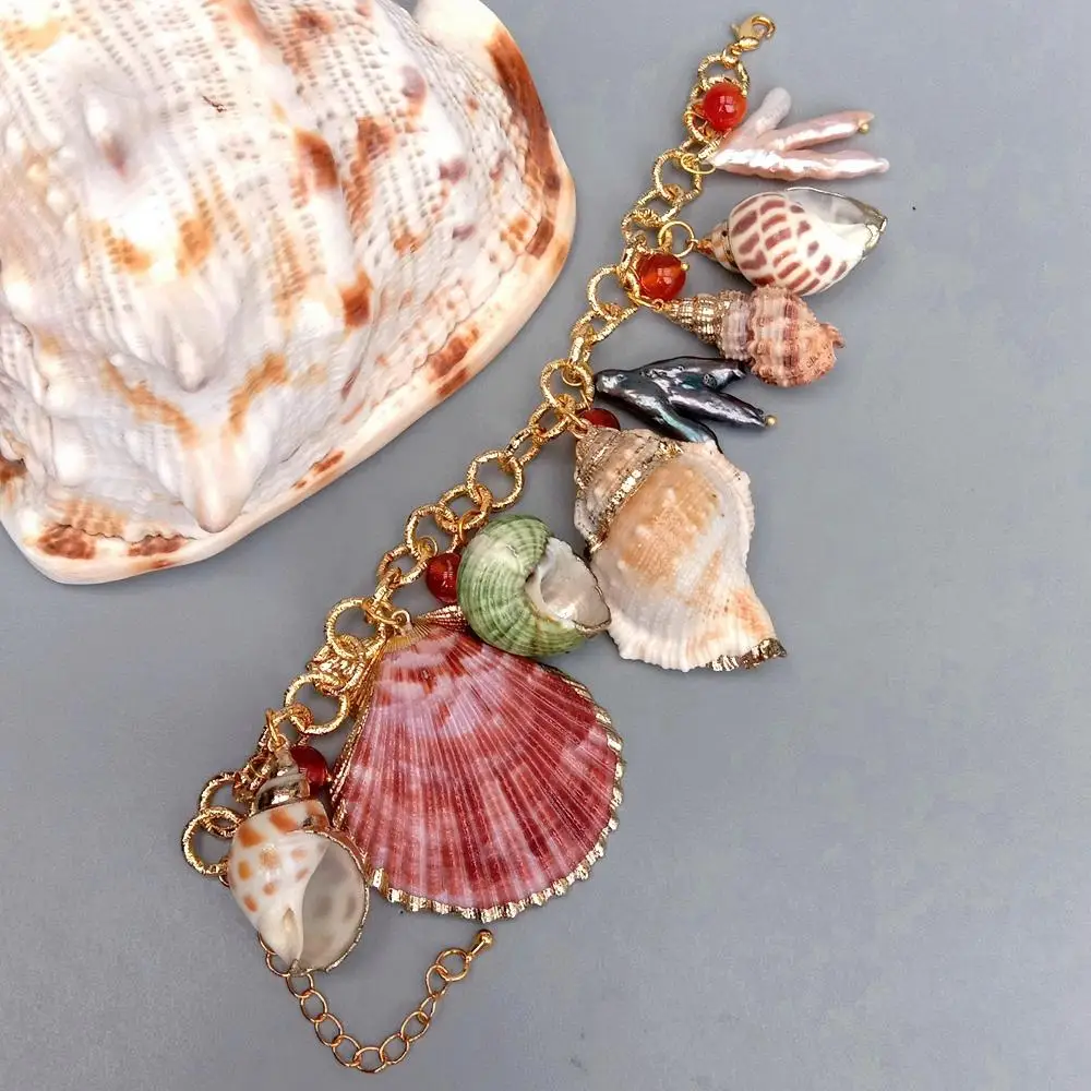 

YYGEM 8" Freshwater pearl Multi Sea Shell Pearl Red Agate gold plated Chain Bracelet Summer Beach Jewelry 8"