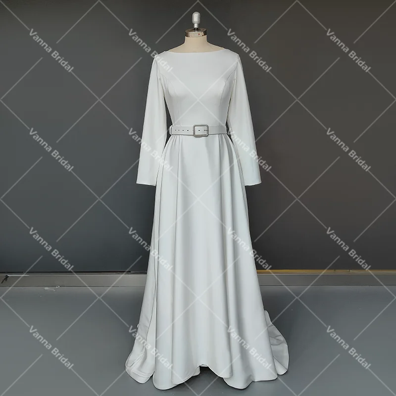 Boat Bateau Neck Luxe Satin Simple Wedding Gowns A Line Custom Made Closed Zipper Back Belted Long Fitted Sleeves Bridal Dress