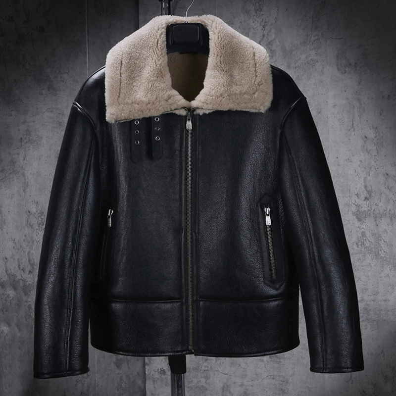 New Shearling Coat Mens B3 Bomber Jacket Short Fur Coat Black Leather Jacket Natural Sheepskin Coat Mens Winter Coats