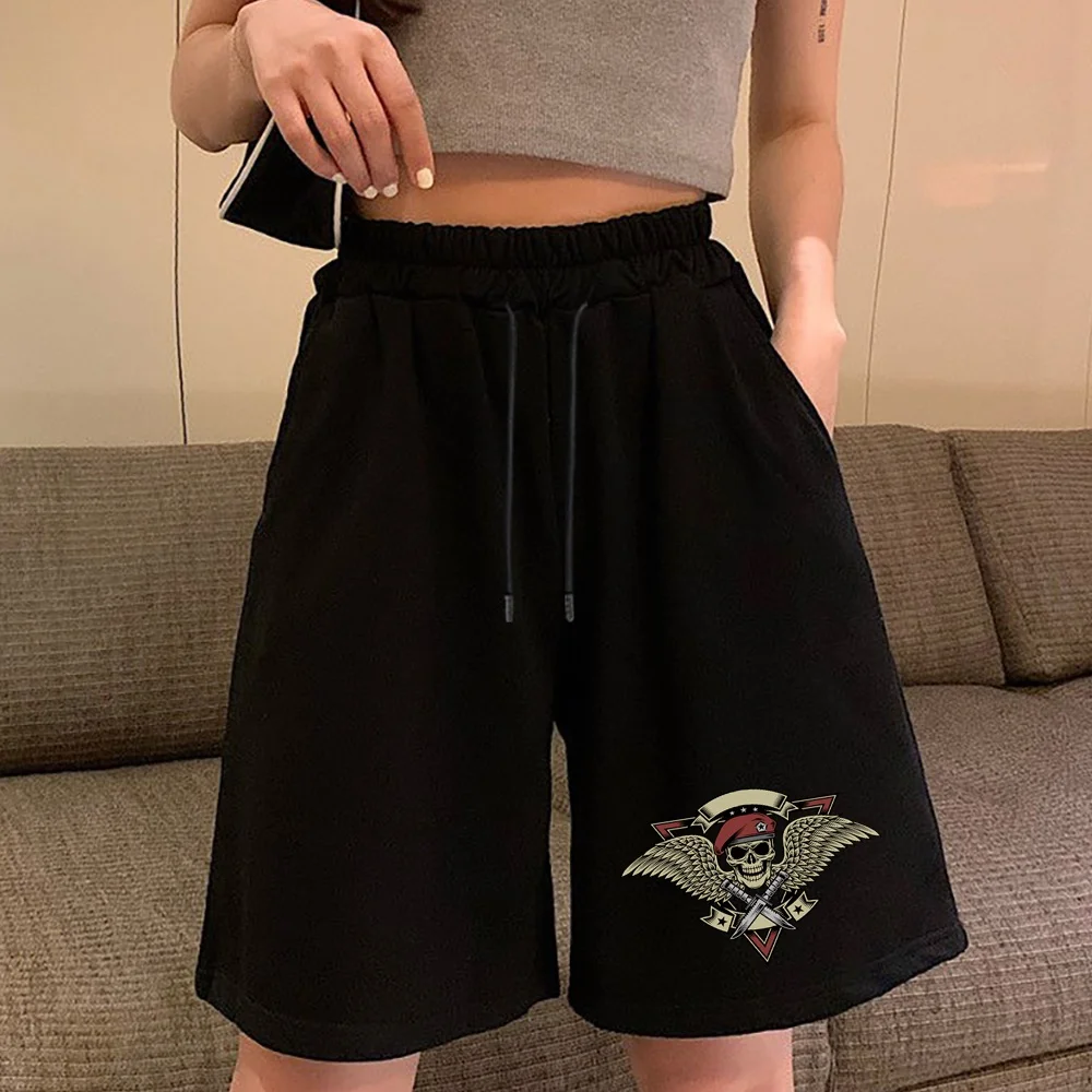 Summer Loose Shorts Women Fashion Casual Black Skull Printed Shorts High Waist Shorts Elastic Waist Drawstring Beach Boardshorts