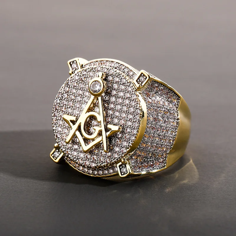 New Trendy AG Freemason Ring Men\'s Ring Bohemian Crystal Inlaid Ring Austrian Rhinestone Metal Ring Accessory Party Jewelry