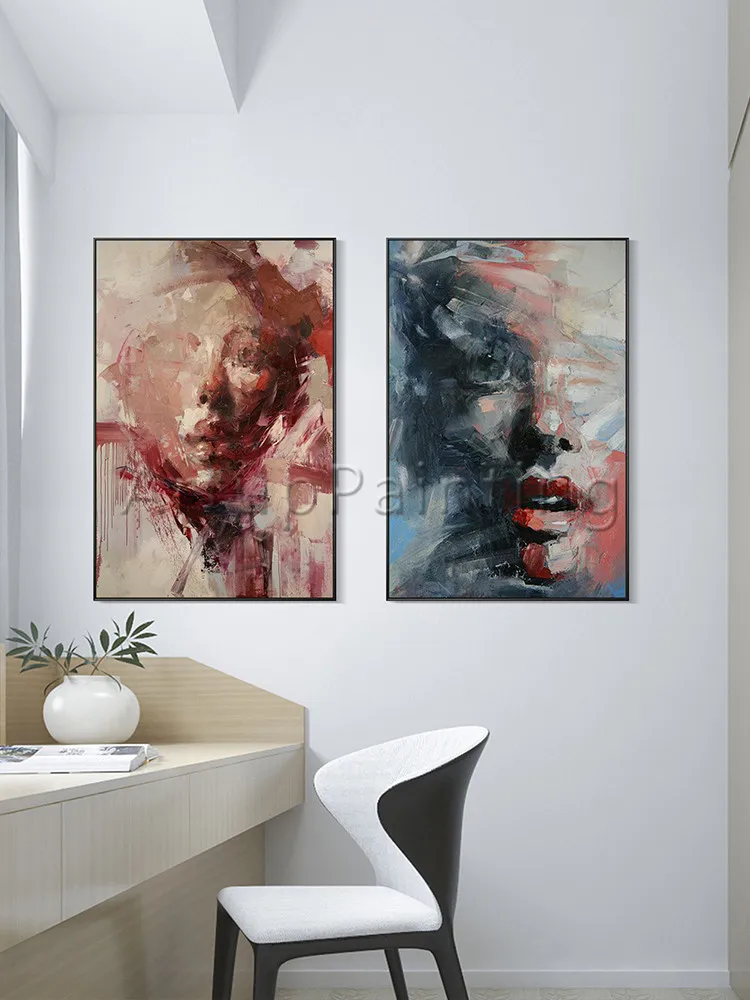 

Set of 2 Modern abstract hand painted pink blue portrait oil painting on canvas wall art pictures for living room decoration