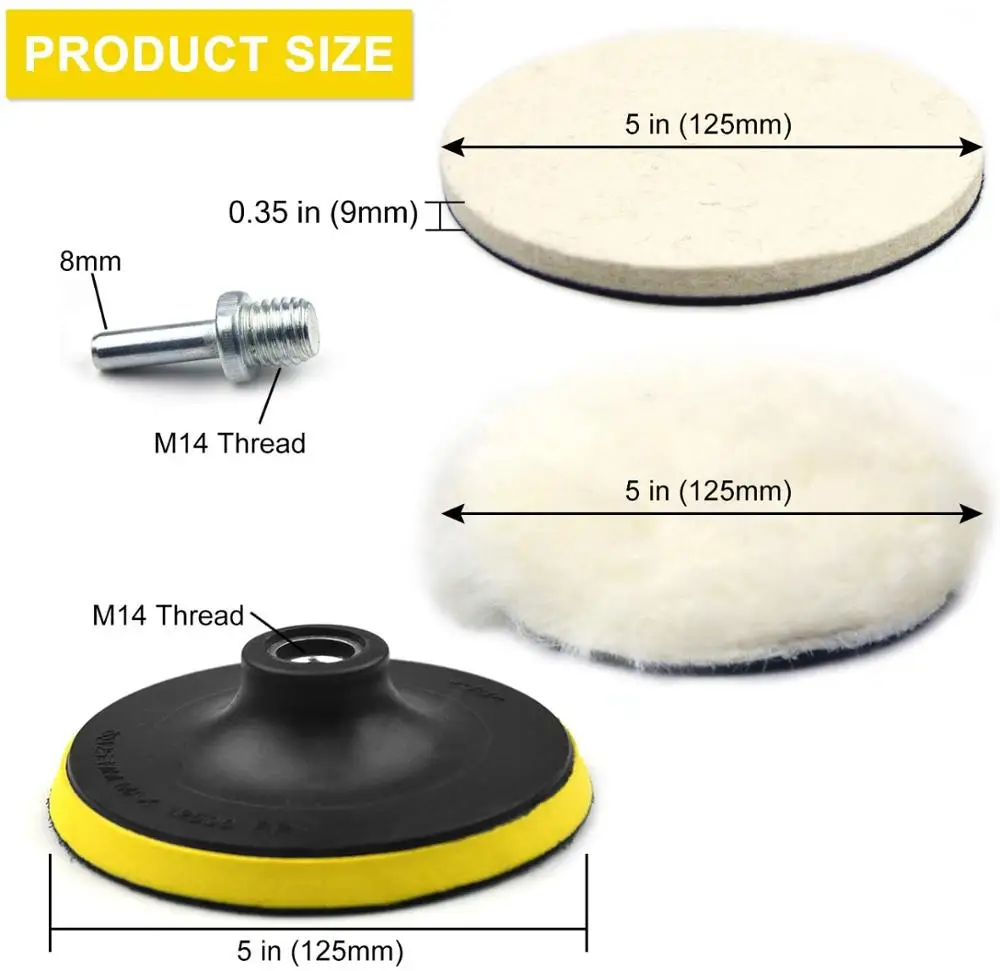 Poliwell 5 Inch 125Mm Vilt Wheel Polish Pad Wollen Waxen Pad En Klittenband Backing Plaat Kit Voor auto Polijsten En Waxen