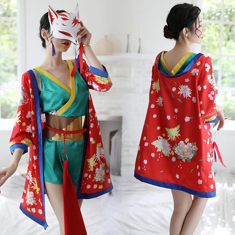 

Sexy Japanese Women's Cardigan Floral Kimono Yukata Dress Roleplay Nightclub Clothes Pajamas Set Sleepwear Party Night Robe Gown