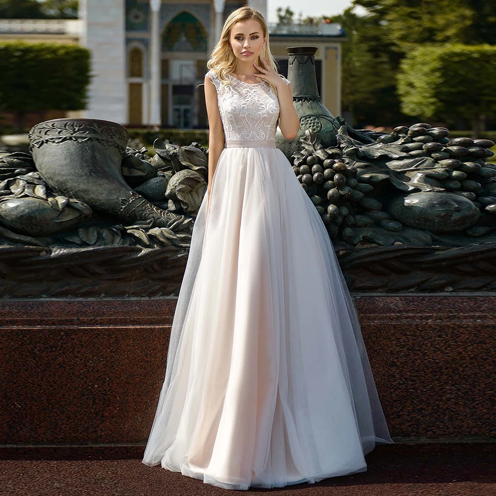 Vestido De Novia elegante con cuello redondo, manga casquillo, apliques De encaje, botón trasero, tul, cinturón, 2024