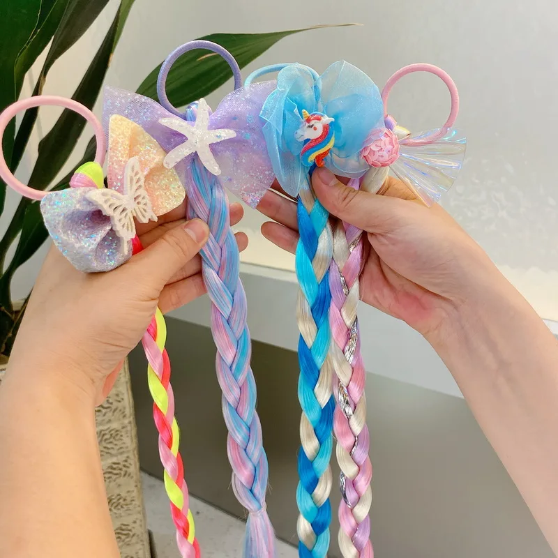 2021 New Cute Unicorn Ponytail Hair Ropes for girls Cartoons Colorful Wig Hair Bands Princess Elastic Bow hair tie ring Kid gift